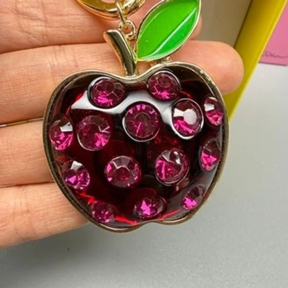 NWT Betsey Johnson Bag Charm Keychain Rhinestone Apple